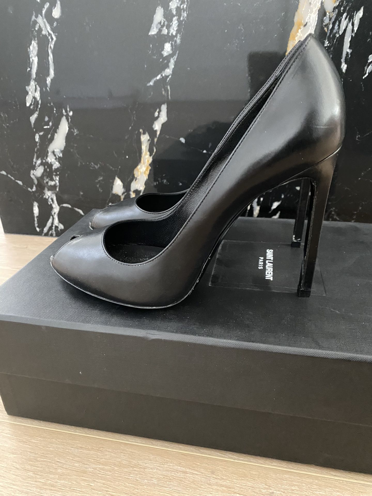 Saint Laurent Paris Escarpin Peep Toe Shoe In Black Leather