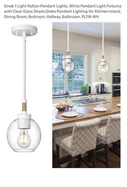 Emak 1 Light Rattan Pendant Lights, White Pendant Light Fixtures with Clear Glass Shade,Globe Pendant Lighting for Kitchen Island, Dining Room, Bedroo