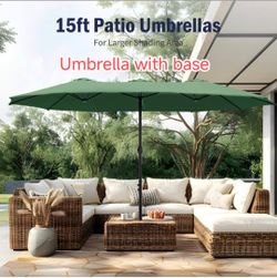 15 ft. Market Patio Umbrella 2-Side in Mint Green with Base and Sandbags