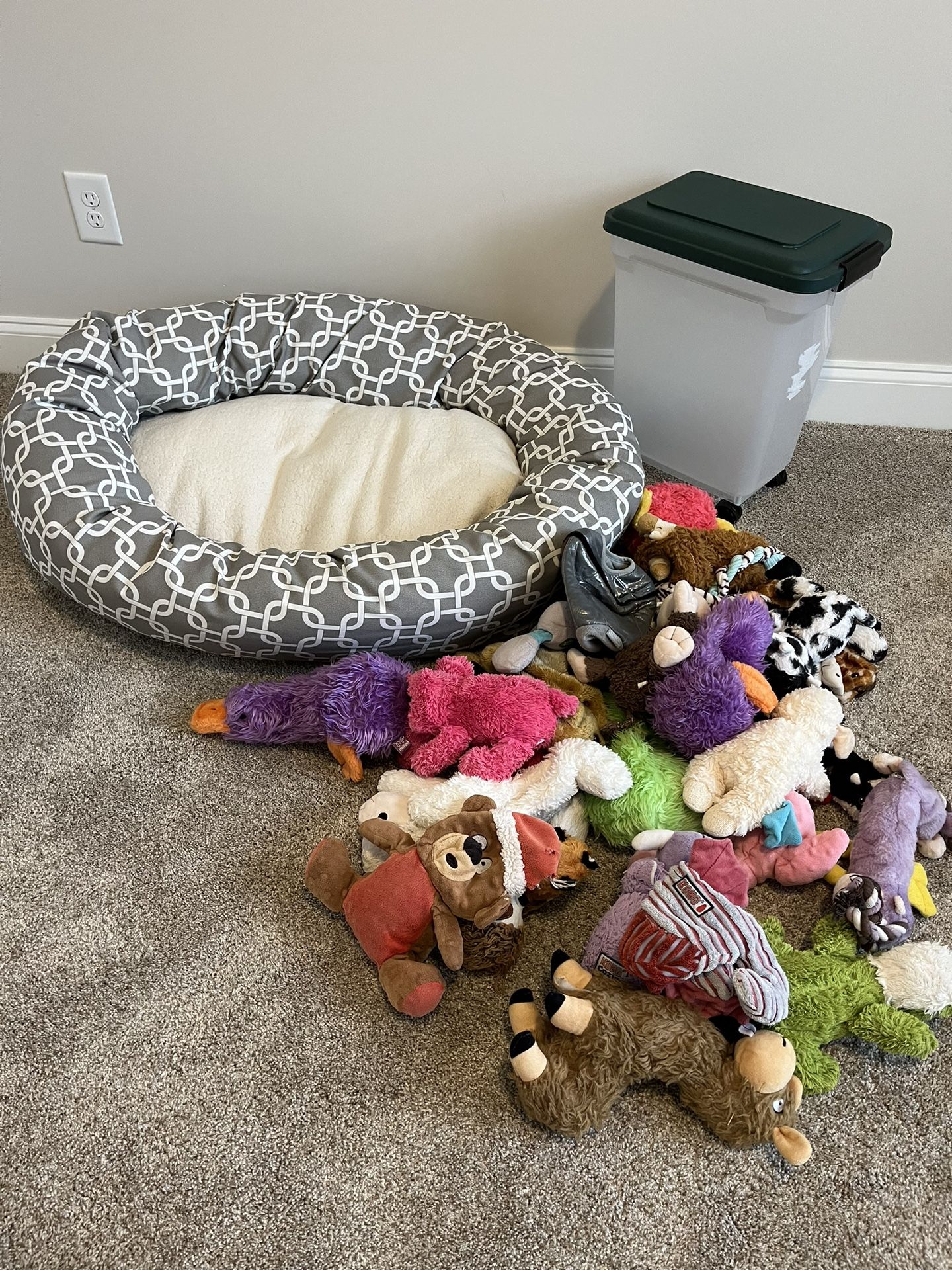 Dog Bed, Food Container, And Dog Toys