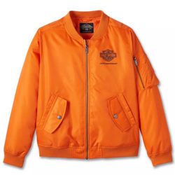 NEW Harley Davidson 120th Anniversary Orange Satin Bomber Jacket Womens Large