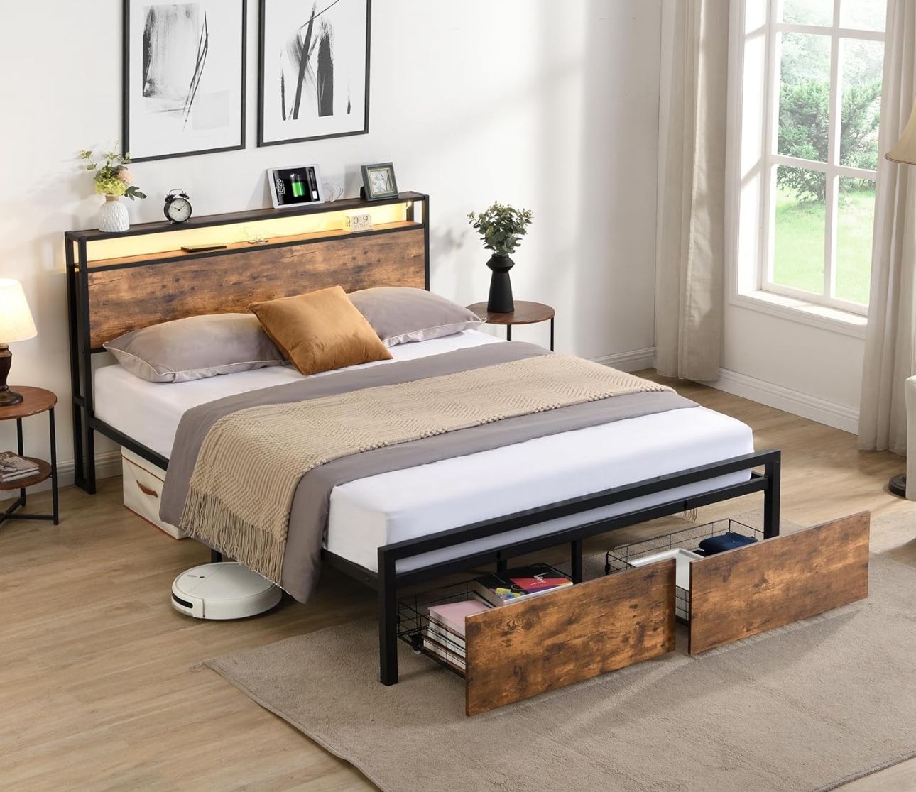 Queen $140 And Full Size Bed Frame with LED Lights, Charging Station & 2 Storage Drawers