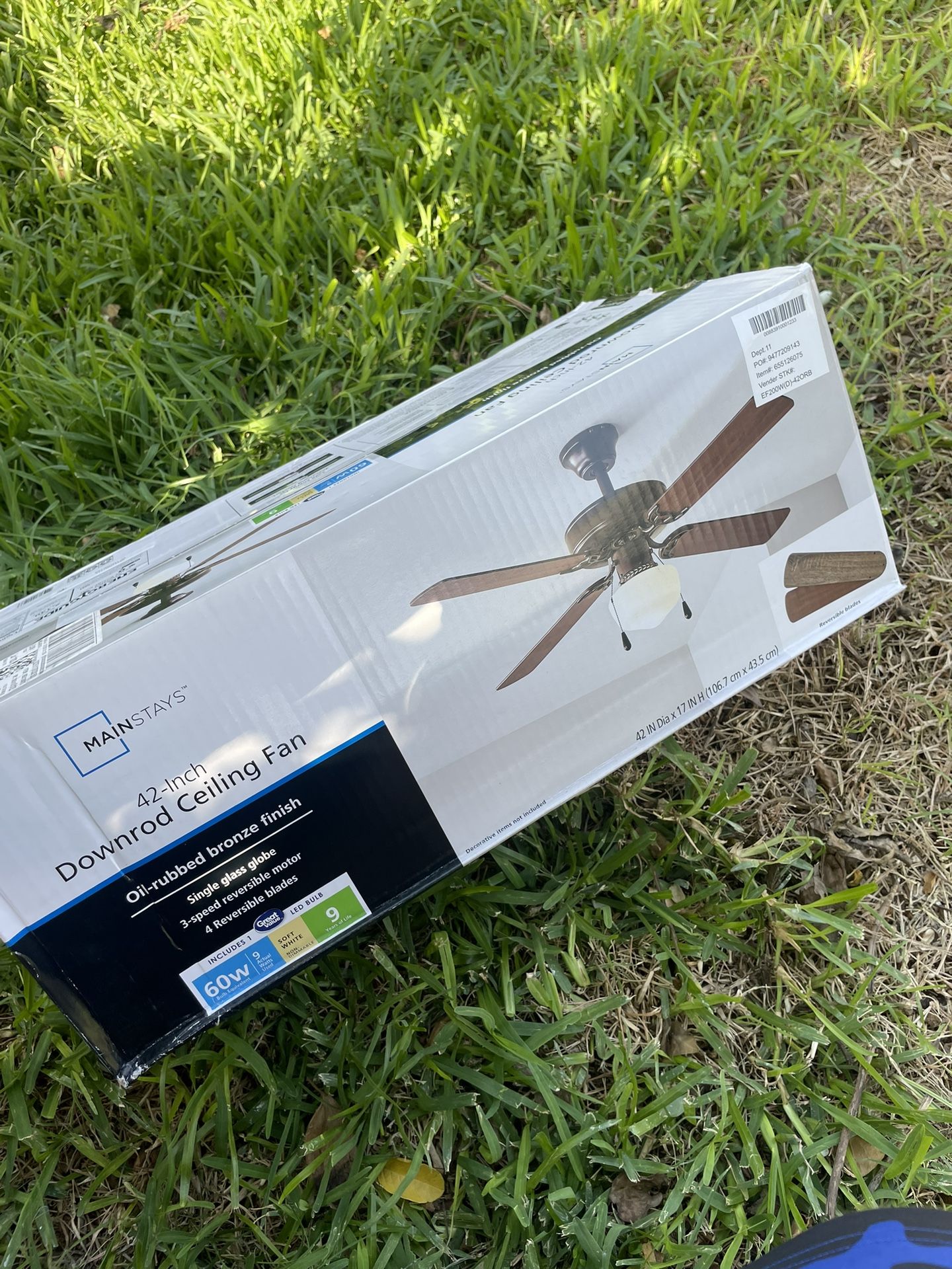 New Mainstays 42 inch Downrod Ceiling Fan with Light Kit, Bronze, 4 Blades, Reverse Airflow for Bedroom and Dining Room