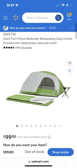 Ozark Trail 4 Piece Weekender Backpacking Camp Combo (Includes tent, sleeping bag, camp pad, stool)