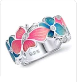 BRAND NEW IN PACKAGE LADIES STERLING SILVER PINK BUTTERFLY BLUE LOTUS FLOWER SPINNER RING SZ 8 