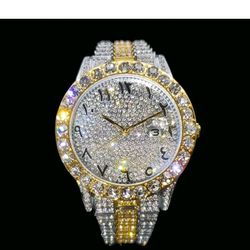 Duo Color Arabic Numerals Date Iced Out Diamond Watch, Hip Hop Watch, Luxury 