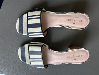 KATE SPADE New York Cambrey Stripe Canvas Mule Heeled Sandals Sz.6B NAVY-TAN