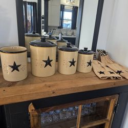 Canisters 3 piece set & Utensils Crock & 2 Towels