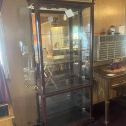 Antique Cherry Wood Double Curio Light Up Display Cabinet