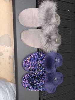Uggs slippers slip on purple sequin or gray fur