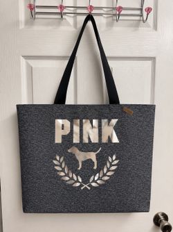 PINK Gray Logo Tote Shoulder Bag Canvas Black Strap Casual Women’s