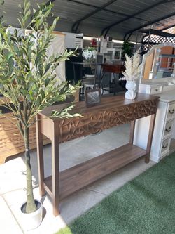 Brown Wood Console Table with Geometric Front