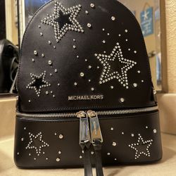 Michael Kors Rhea Medium Black/Silver Star Embellished Leather Backpack NWOT