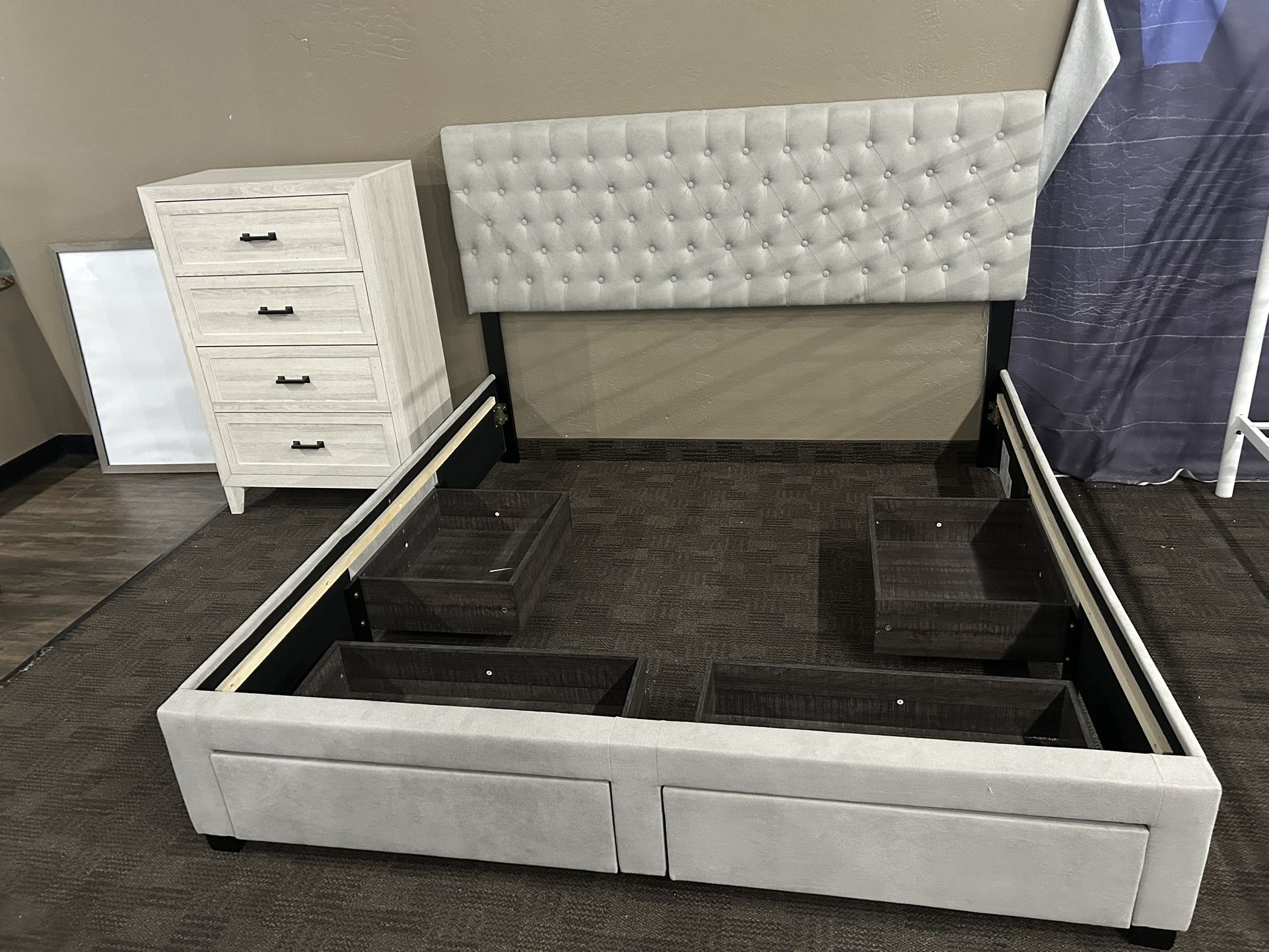 Large Storage King Bed Frame W/ Whitewash Chest 