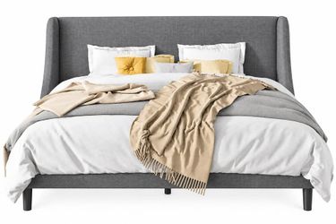 Modern Linen Upholstered Wingback Platform Bed Frame