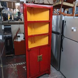 Rustic pine oriental red lacquered corner cabinet