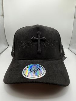 Way-Cap Black Suede Cross Embroidered Snapback Hat