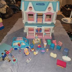 Vintage FISHER price Loving Family Dollhouse And Extras!