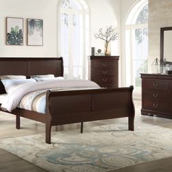 Louis Philip Cherry Sleigh Bedroom Set ( Queen, king, twin, full bed frame, bedroom set - bed frame- tall dresser, nightstand and chest, mattress opti