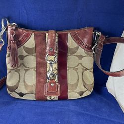 Coach Beige/Burgundy Signature Canvas And Leather Crossbody Bag