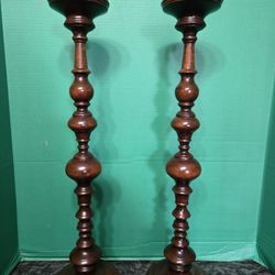 Antique Portuguese turned wood candlesticks, typically dating to the 17th or 18th century. 23.5" Tall 