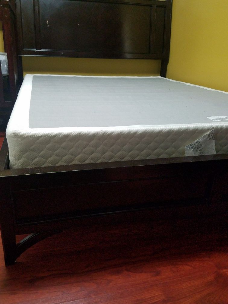 Queen bed set with box spring mattress, regular mattress, small dresser, big dresser with mirror