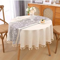 blue Round Tablecloth 55 Inch, Spillproof Waterproof Linen Table Cloth Round Wrinkle Free, French Vintage Floral Farmhouse Tablecloth with Tassels 