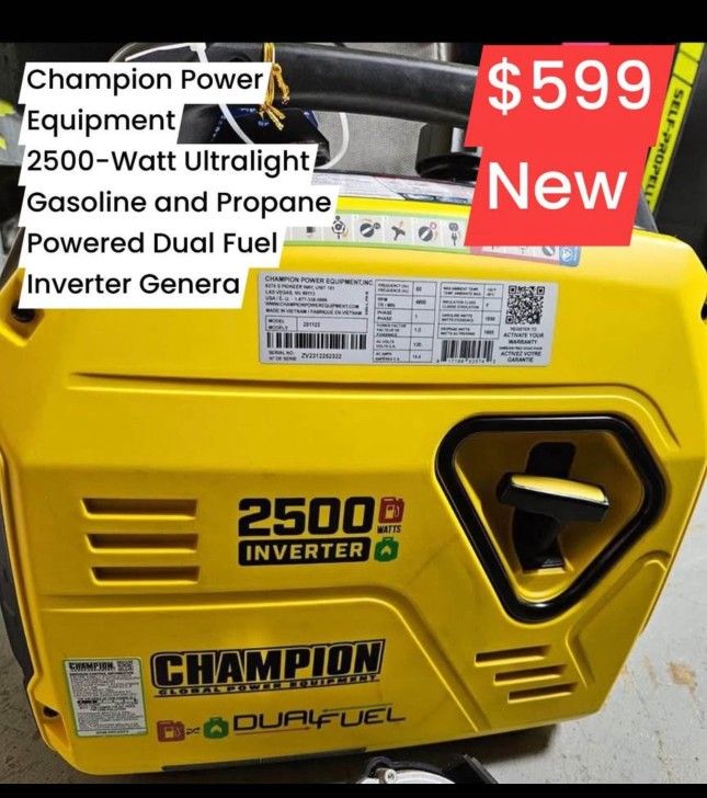 Champion Power
Equipment
2500-Watt Ultralight
Gasoline and Propane
New
Powered Dual Fuel
Inverter Genera