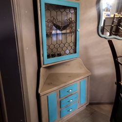 Antique Stained Glass Corner Cabinet With Mirror 