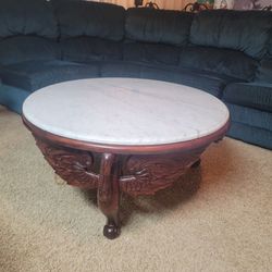 Round ,Marble Top Table With Wood Carved Legs