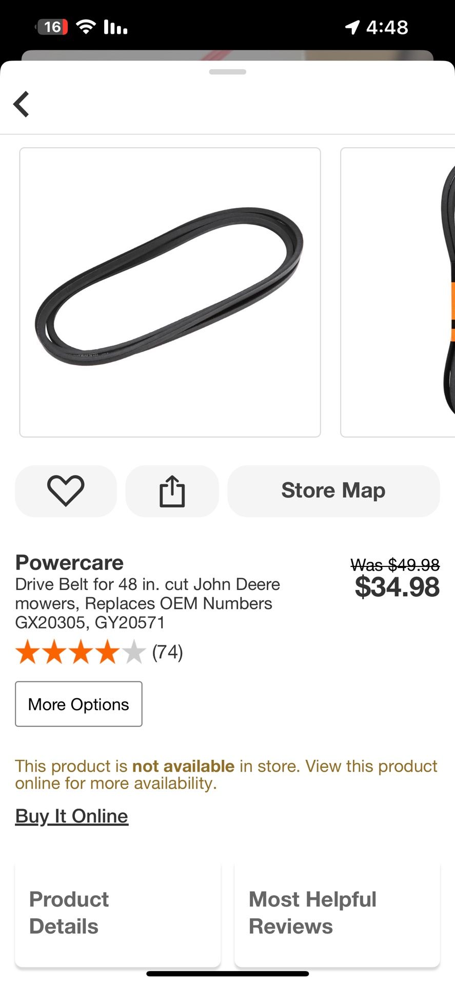 Powercare Drive Belt for 48 in. cut John Deere mowers, Replaces OEM Numbers GX20305, GY20571