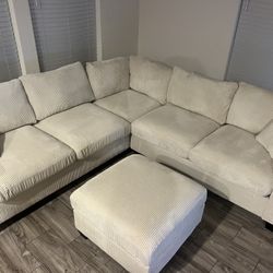 New Corduroy Sectional.  Off White / Beige, Grey Or Green.  99” X 99”.  Free Delivery!