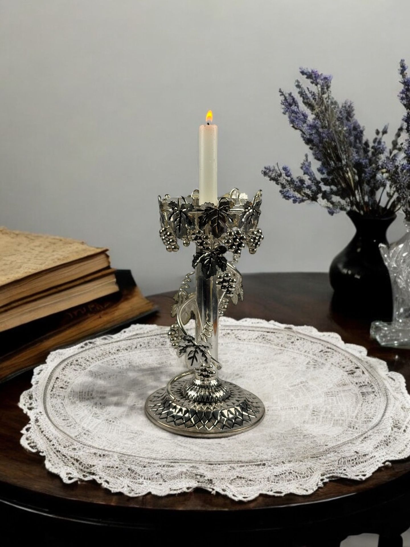 Vintage Silver Plated Very Detailed Grapes, Tendrils, Vine Taper/Pillar Candle Holder. French Provincial Decor Style.,