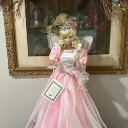 Gorgeous!!! Porcelain Fairy Princess Doll Dressed In Lavish Pink Satin With Pearls, Wings, Wand, & Crown 