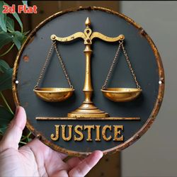 ⚖️ Vintage Justice Scales Rustic Metal Round Wall Sign
