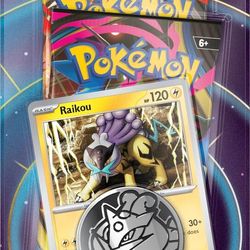 Pokémon Raikou Foil Card, 2 Booster Packs & Metallic   Coin Blister Pack Seale  fantasmal flames