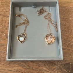 Rose Gold Pearl Heart W/Pearl And Locket Necklace