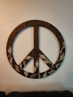3' ft handcrafted wood peace sign with seashell accents hanging wall decor