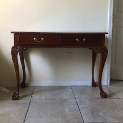 Vintage Mahogany Wood Ball & Claw Two Drawer Console Table 