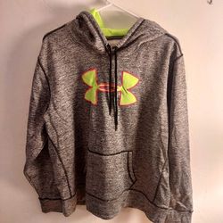 Under Armour Cold Gear Storm Hoodie Gray Striped Fuscia Pink Green Pullover LG.