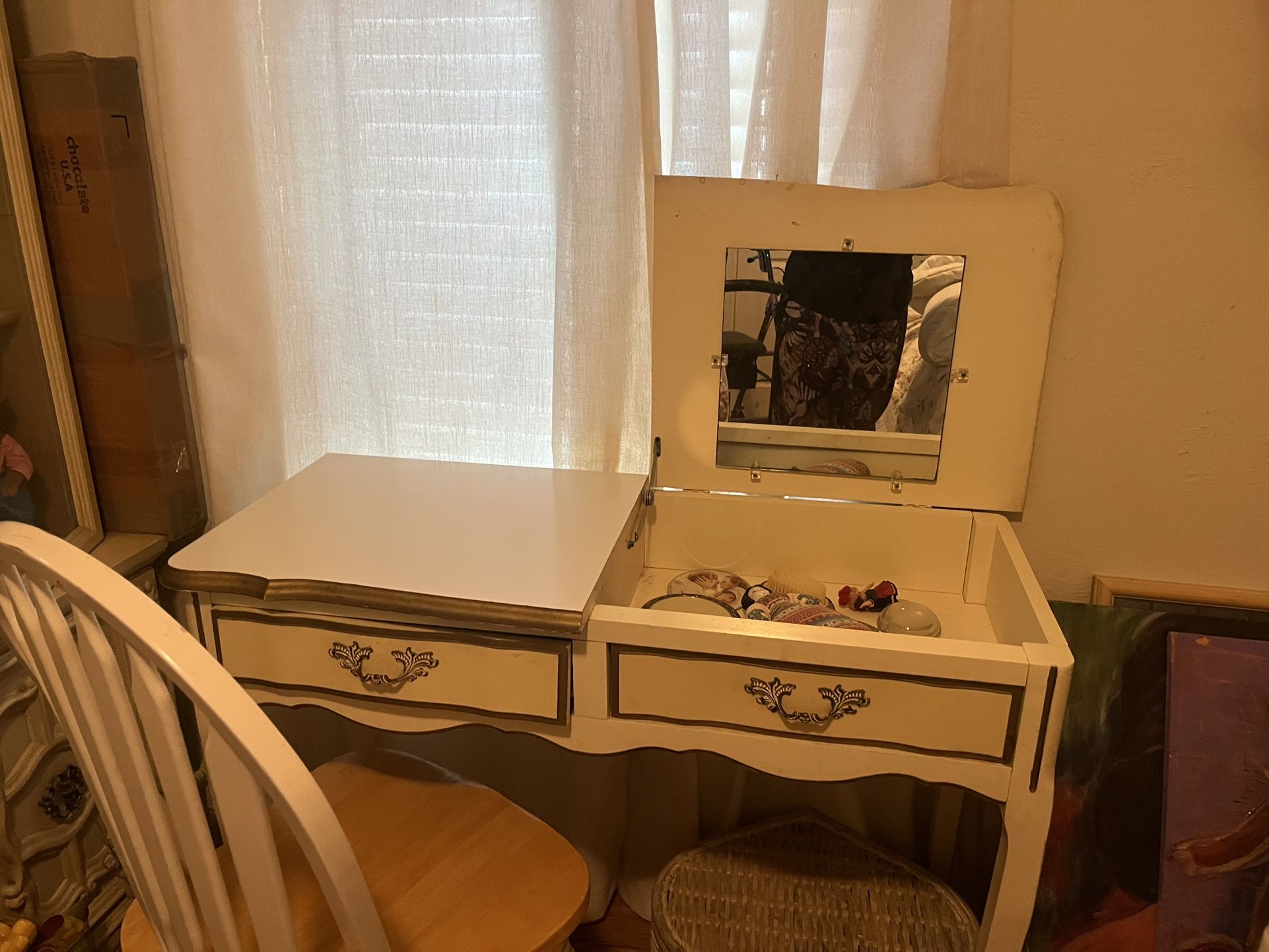 Vintage China Cabinet Along A Dresser With The Mirror And A Desk