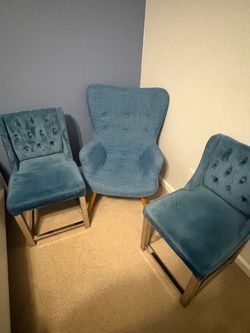 Mid-Century Modern Set: 1 Wingback Accent Chair + 2 Tufted Blue Barstools