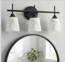 3-Light Black Mid Century Bathroom Light Fixture, Modern Vanity Light with White Marble Glass Shade, for Bathroom Mirror, Living Room, Bedroom, Hallwa