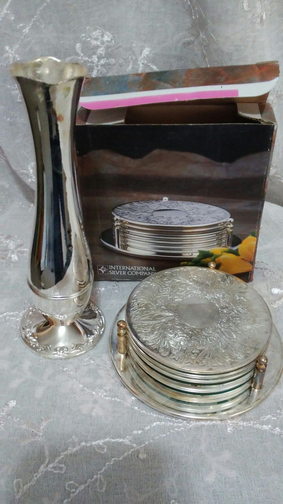 Silver plated vase and coaster set