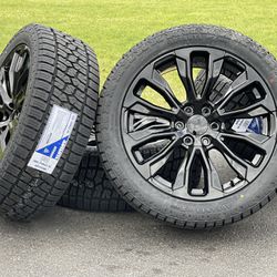 2024 Black New 22” Wheels Chevy Silverado Tahoe rims GMC Sierra Tires 285/45R22 A/T Escalade Suburban