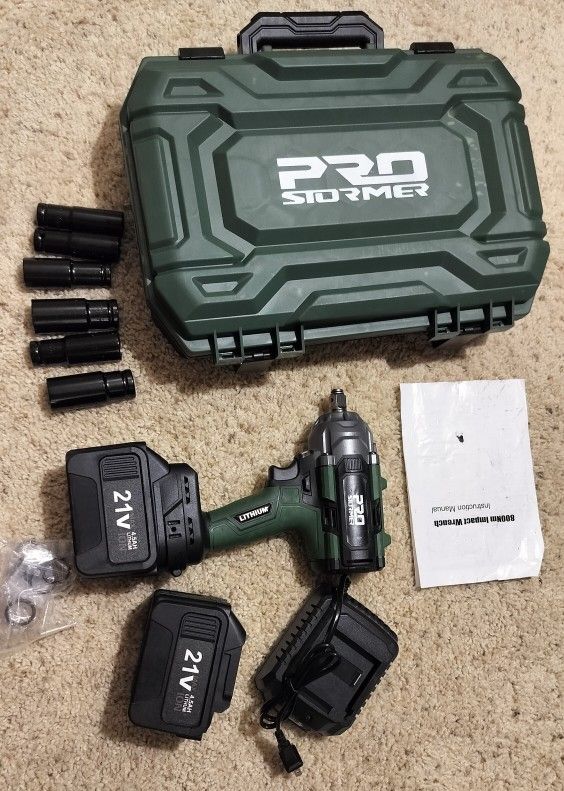 PROSTOMER 800Nm Impact Wrench with 7 impact sockets and two LITHIUM ION batteries/see discription 👍