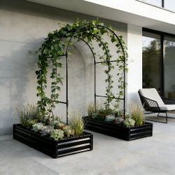 Raised Garden Bed with Arch Trellis, 2 Pack Metal Planter Boxes with Garden Arch, Outdoor Garden Planter for Climbing Plants Vegetables Flowers