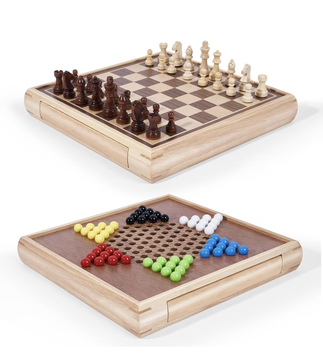 13" Chess Chinese Checkers 2 in 1 Wooden Board Game Set 