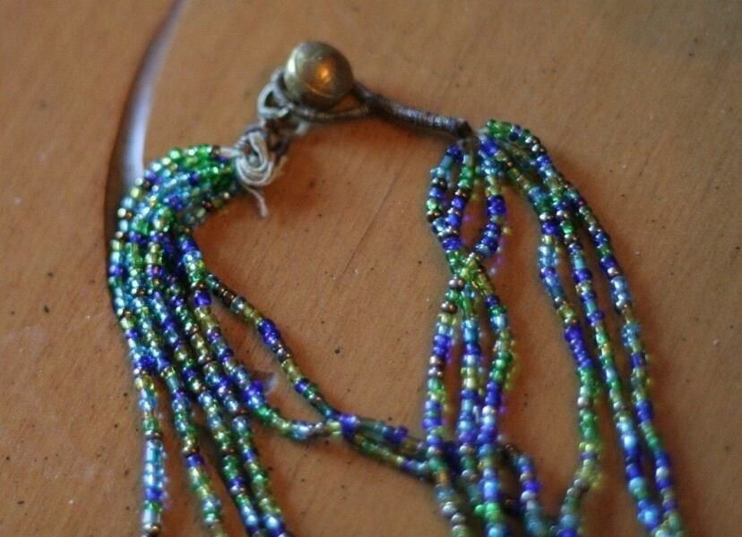 Tiny Beads 6 Strand Layer Necklace Light Green Yellow Blue Turquoise Handmade?