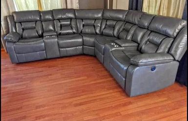 Gray Leather Power Reclining Sectional sofa set